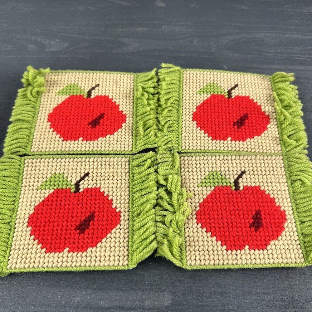 Vintage Handmade Needlepoint Coasters Fruit Apple Set of 4‎ - EUC